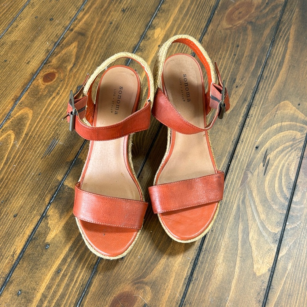 Burnt orange faux leather strapped sandals with rattan heel